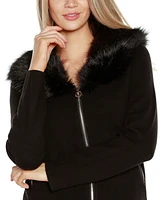 Belldini Black Label Women's Faux Fur Collar Short Zip Cardigan Sweater