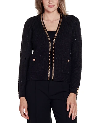 Belldini Women's Black Label Chain Detail Open-Front Cardigan Sweater