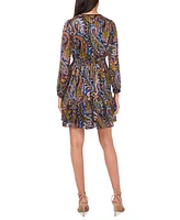 Msk Petite Paisley-Print Split-Neck Chiffon Dress