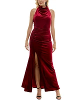 Taylor Women's Velvet Halter Cowlneck Twist-Back Gown