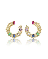 Genevive Sterling Silver 14k Gold Plated Rainbow with Cubic Zirconia Front-Facing C-Hoop Earrings - Multi