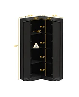 Famapy Black Wood 4-Shelf Corner Bookcase with Glass Doors,Led Lights
