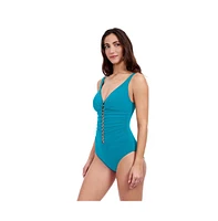 Profile by Gottex Women's Tutti Frutti D Cup V Neck One Piece Gold Beaded Detail Soft Cups Tummy Control Adjustable Strap