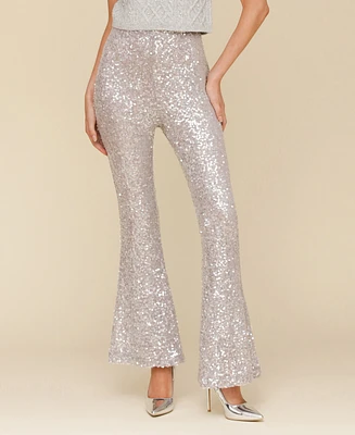 Avec Les Filles Women's Sequin-Mesh Flare-Leg Pants