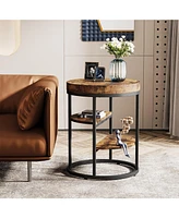 Tribesigns Round End Table, Small End Table with 3 Storage Shelves, Wood Side Table for Small Spaces, Industrial Sofa Side Table for Living Room