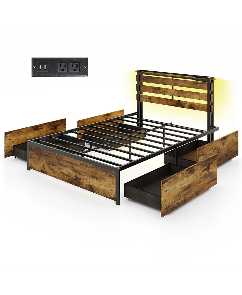 Gymax Full Size Bed Frame w/ Drawers Led Lights Outlets & Usb Ports Smart App Control