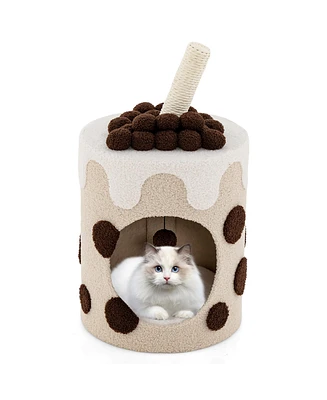 Gymax Bubble Tea Cat Tree Tower with Scratching Post Dangling Ball Toy Purple White