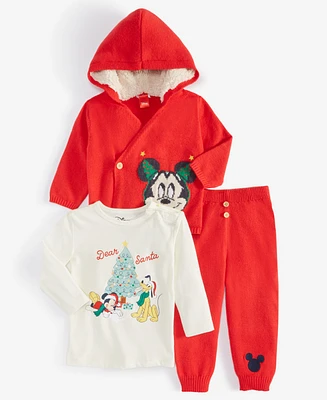 Disney Baby Boys Mickey Mouse Hooded Sweater Jacket, Mickey & Pluto Graphic T-Shirt & Pants, 3 Piece Set