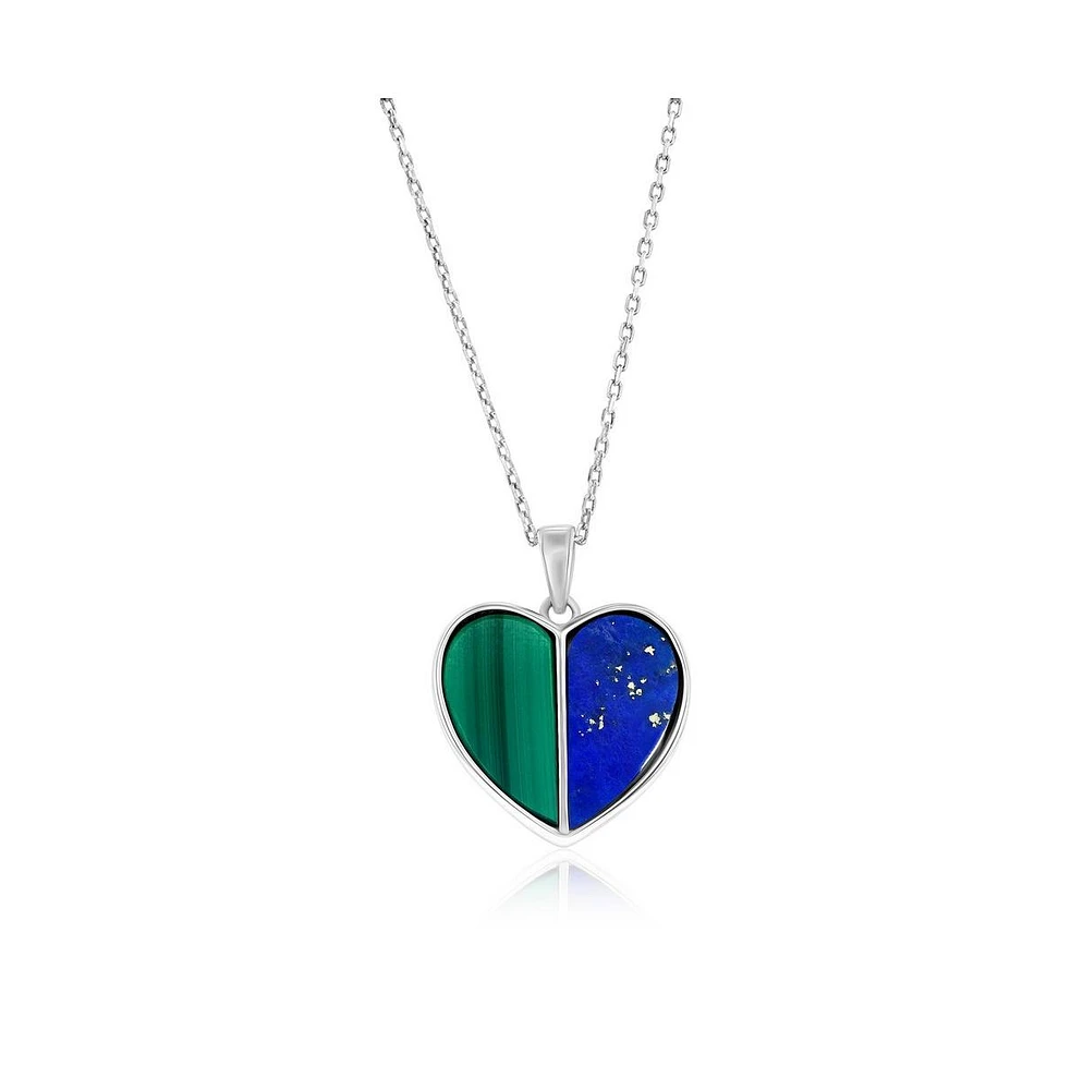 Caribbean Treasures Sterling Silver Half Malachite & Half Lapis Heart Pendant