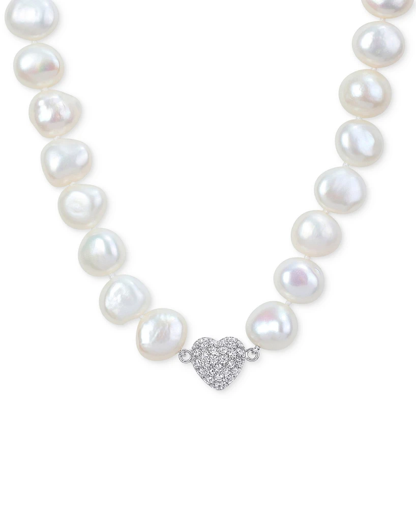 Cultured Freshwater Pearl (11-12mm) & Cubic Zirconia Heart Clasp 18" Collar Necklace