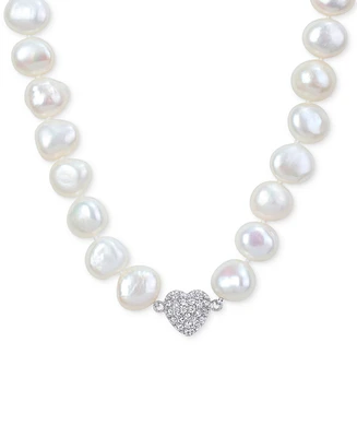 Cultured Freshwater Pearl (11-12mm) & Cubic Zirconia Heart Clasp 18" Collar Necklace