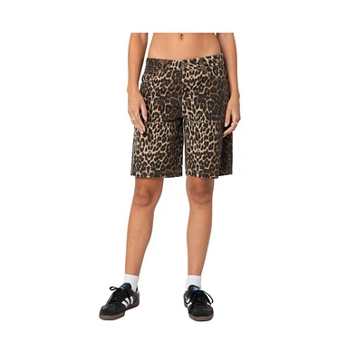 Edikted Women's Leopard low rise denim bermuda shorts