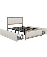 Slickblue Full Size Upholstered Platform Bed with Nailhead Trim and 4 Storage Drawers