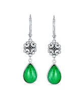 Bling Jewelry Dyed Green Jade Filigree Teardrop Pear Shaped Good Fortune Lever Back Dangle Earrings For Women .925 Sterling Silver