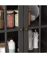 Famapy Grey Wood Bookcase With Tempered Glass Doors and 6-Drawers