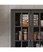 Famapy Grey Wood Bookcase With Tempered Glass Doors and 6-Drawers