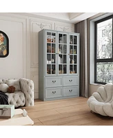 Famapy Gray Wood Bookcase With Tempered Glass Doors and 6-Drawers