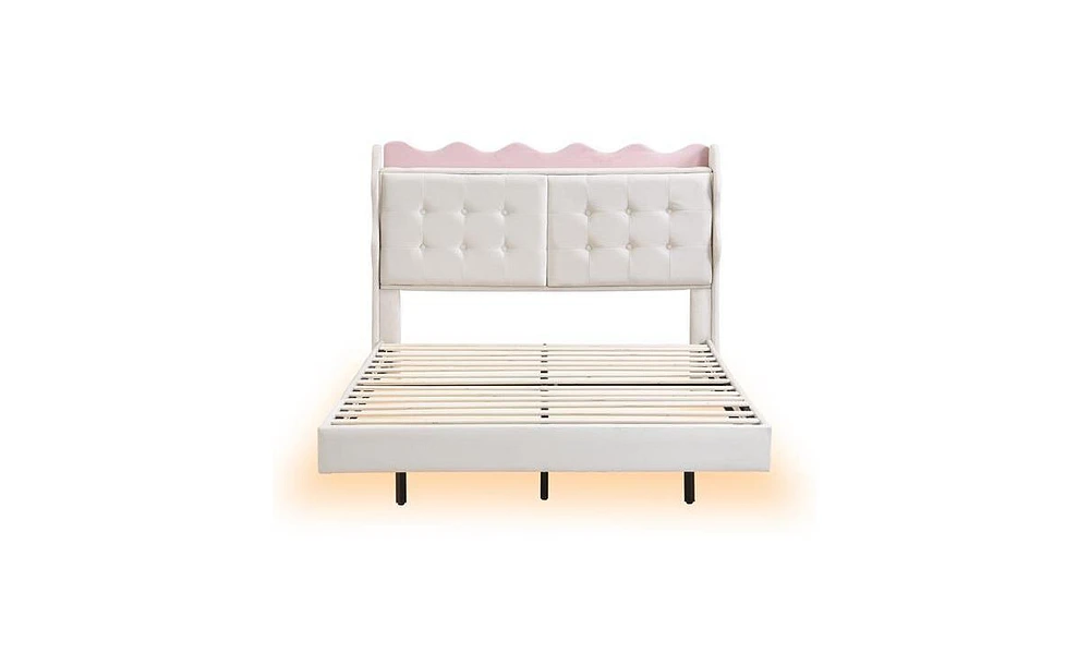 Slickblue Full Size Upholstered Platform Bed Frame with Led Lights, Headboard Storage & Usb Charging