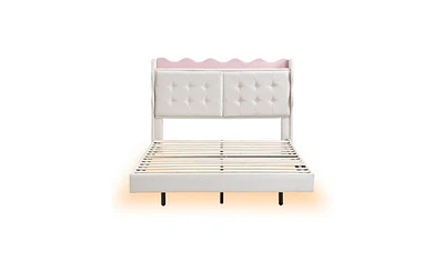 Slickblue Full Size Upholstered Platform Bed Frame with Led Lights, Headboard Storage & Usb Charging