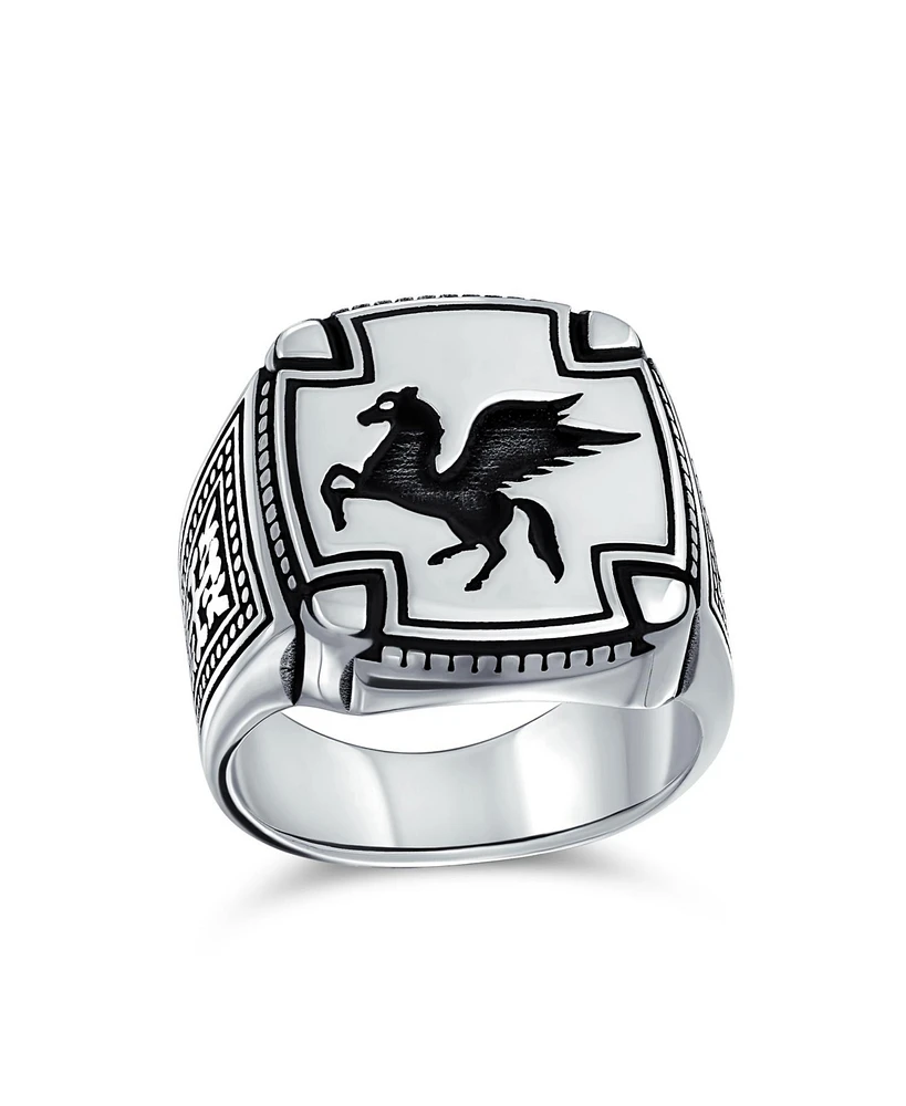 Bling Jewelry Large 2 Tone Ancient Greek Mythical Flying Horse Creature Pegasus Signet Ring For Men Oxidized .925 Sterling Silver