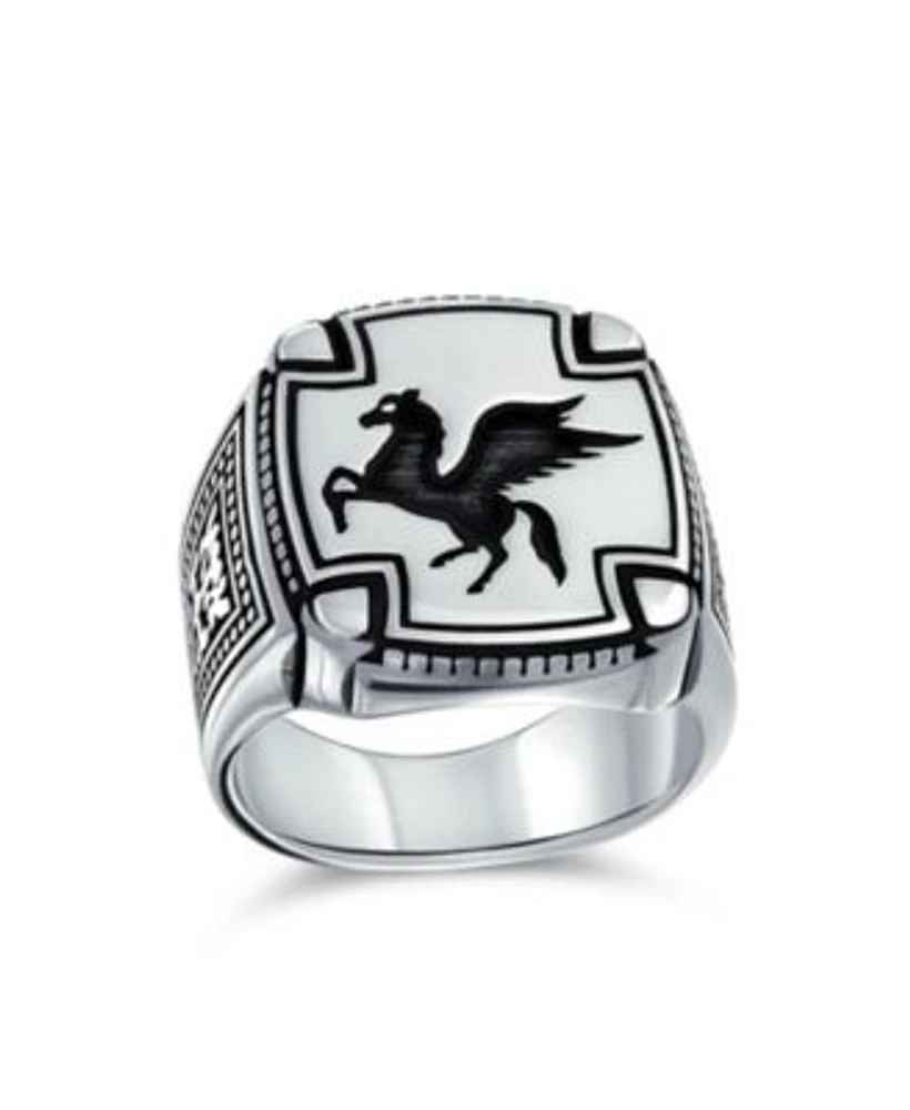 Bling Jewelry Large 2 Tone Ancient Greek Mythical Flying Horse Creature Pegasus Signet Ring Oxidized .925 Sterling Silver