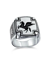 Bling Jewelry Large 2 Tone Ancient Greek Mythical Flying Horse Creature Pegasus Signet Ring For Men Oxidized .925 Sterling Silver