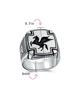 Bling Jewelry Large 2 Tone Ancient Greek Mythical Flying Horse Creature Pegasus Signet Ring For Men Oxidized .925 Sterling Silver