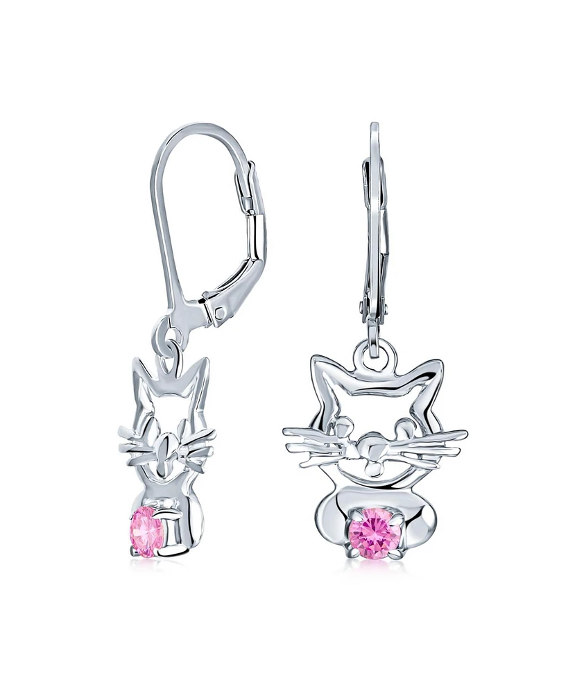 Bling Jewelry Small Kitty Kitten Animal Pet Pink Cz Accent Dangle Girl Earrings For Women .925 Sterling Silver Leverback