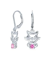 Bling Jewelry Small Kitty Kitten Animal Pet Pink Cz Accent Dangle Girl Earrings For Women .925 Sterling Silver Leverback