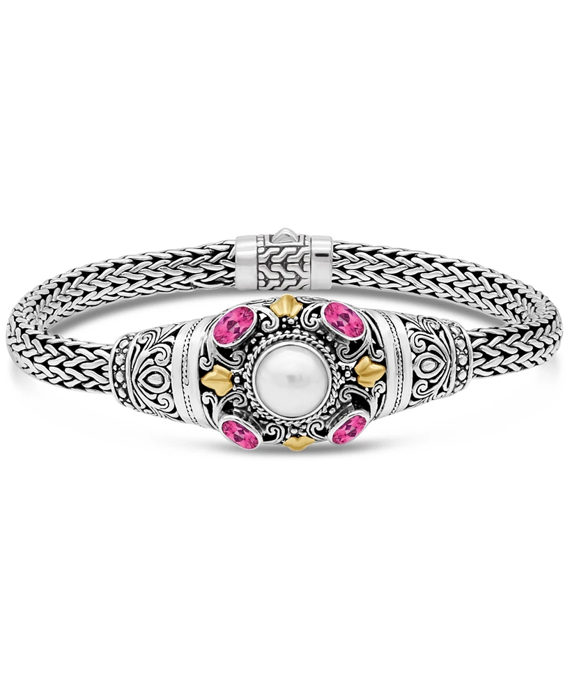 Devata Pink Topaz & Freshwater Cultured Pearl Bali Filigree with Dragon Bone Chain Bracelet in Sterling Silver and 18K Gold