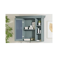 Slickblue 35'' x 28'' Blue Wall-Mounted Bathroom Storage Cabinet – Modern Medicine Cabinet with Mirror Door & 6 Open Shelves