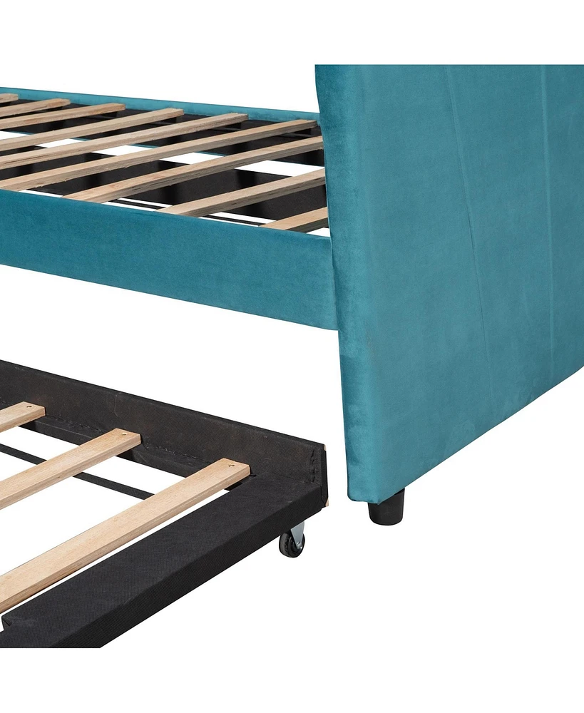 Slickblue Twin Size Upholstered Daybed Sofa Bed with Trundle and Wood Slat Support