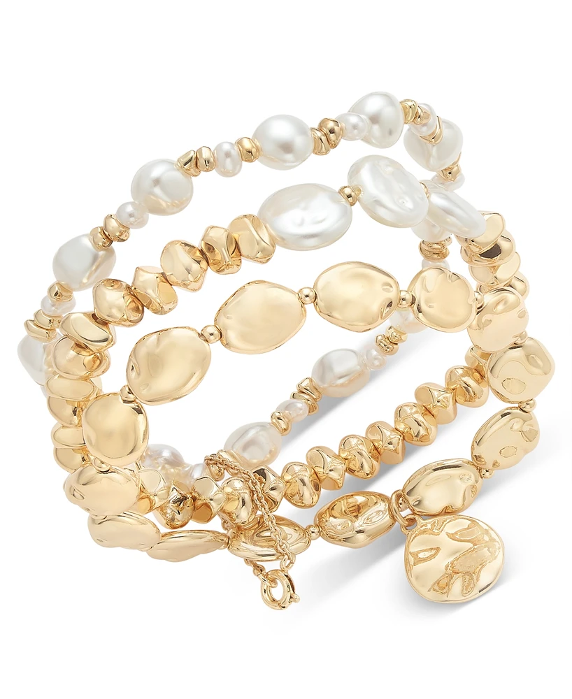 Style & Co Gold-Tone 3-Pc. Set Hammered Oval & Imitation Pearl Stretch Bracelets, Created for Macy's