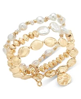 Style & Co Gold-Tone 3-Pc. Set Hammered Oval & Imitation Pearl Stretch Bracelets, Created for Macy's