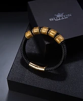 Rhona Sutton Vanguard Gold Black Leather Stainless Steel Bracelet