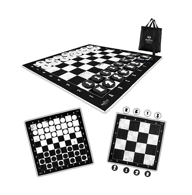 Swooc Games - 3-in-1 Giant Checkers, Chess, & Chess Tac Toe Game With Mat (4ft x 4ft) - Machine-Washable Canvas & 5" Big Foam Discs