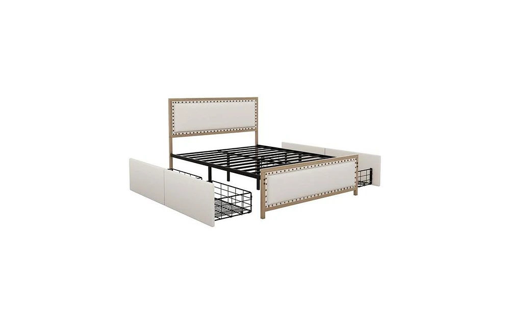 Slickblue Queen Size Upholstered Platform Bed with Nailhead Trim and 4 Storage Drawers