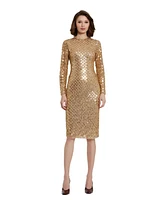 Mac Duggal Women's Beaded Georgette Long Sleeve Fitted Midi Dress