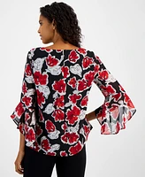 Kasper Women's Floral-Print Crewneck Ruffle-Sleeve Blouse