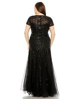 Mac Duggal Women's Plus Size Short Sleeve Heavy Applique Gown