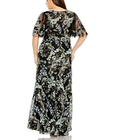 Mac Duggal Women's Plus Sheer Sleeve V Neck Floral Embroidered Gown