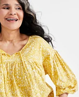 Style & Co Plus Floral Split-Neck 3/4-Sleeve Top, Created for Macy's