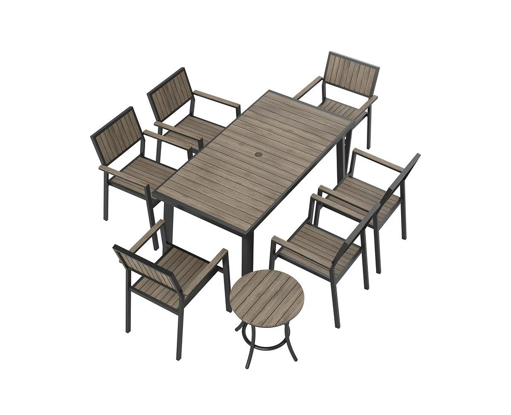 Pamapic 8-Piece Aluminum Teak Outdoor Patio Dining Set with Rectangle Table, Small Side Table and 6-Stackable Chairs