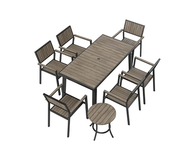 Pamapic 8-Piece Aluminum Teak Outdoor Patio Dining Set with Rectangle Table, Small Side Table and 6-Stackable Chairs