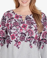 Ruby Rd. Plus Size Split Neck Floral Vine Placement Hatchi Knit Sharkbite Top