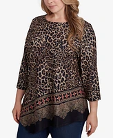 Ruby Rd. Plus Size Ballet Neck Print Hatchi Knit Top with Asymmetric Hem