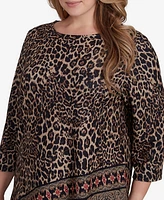 Ruby Rd. Plus Ballet Neck Print Hatchi Knit Top with Asymmetric Hem