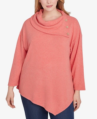 Ruby Rd. Plus Cowl Split Neck Solid Hatchi Knit Top with Asymmetric Hem