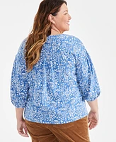 Style & Co Plus Floral Split-Neck 3/4-Sleeve Top, Created for Macy's