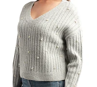 Bcx Juniors' Faux-Pearl Studded V-Neck Sweater